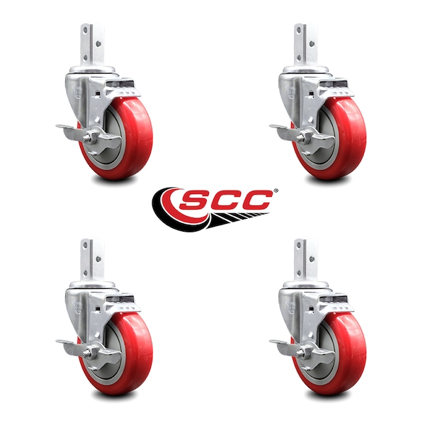 4 Inch Red Poly Wheel Swivel 7/8 Inch Square Stem Caster Set With Brake SCC